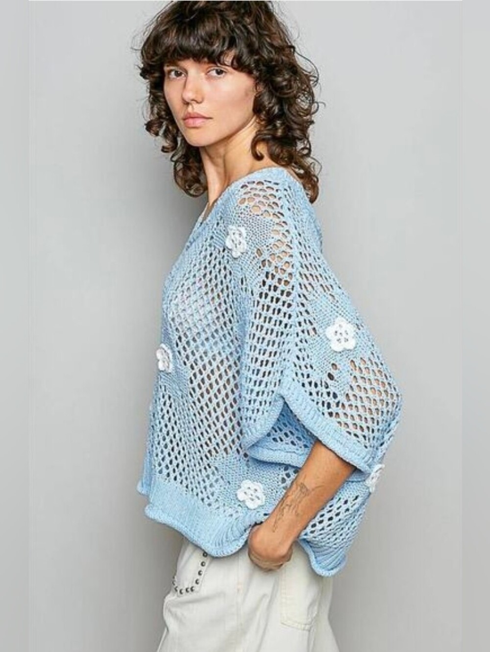 POL"Bloomin Filly" Floral Patch Open Sweater Top Sky Blue Sz S - Picture 4 of 10